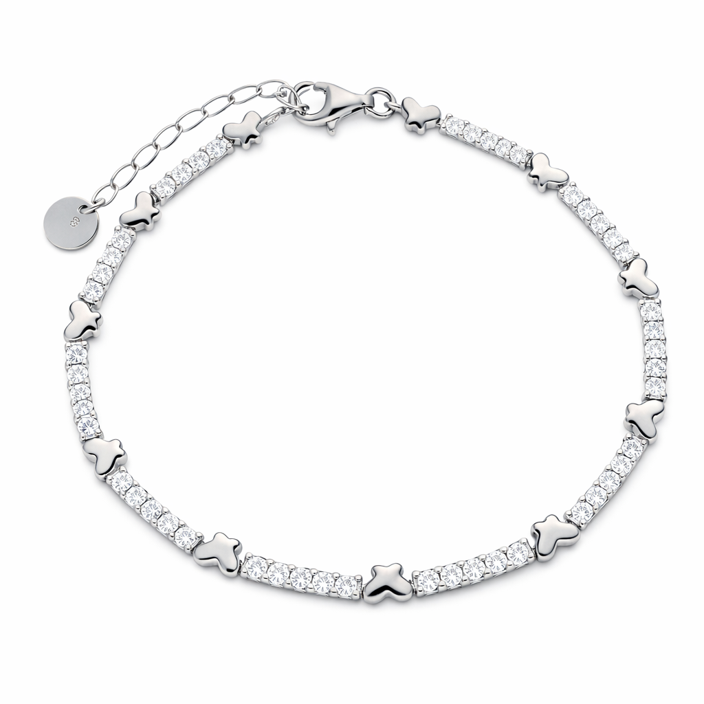 Byzylyk Butterfly B2819 prej argjendi 925 me flutura, zirkone te bardhe, kapese dhe zinxhir zgjatues, pamje e plote rrethore | Penelope Jewellery