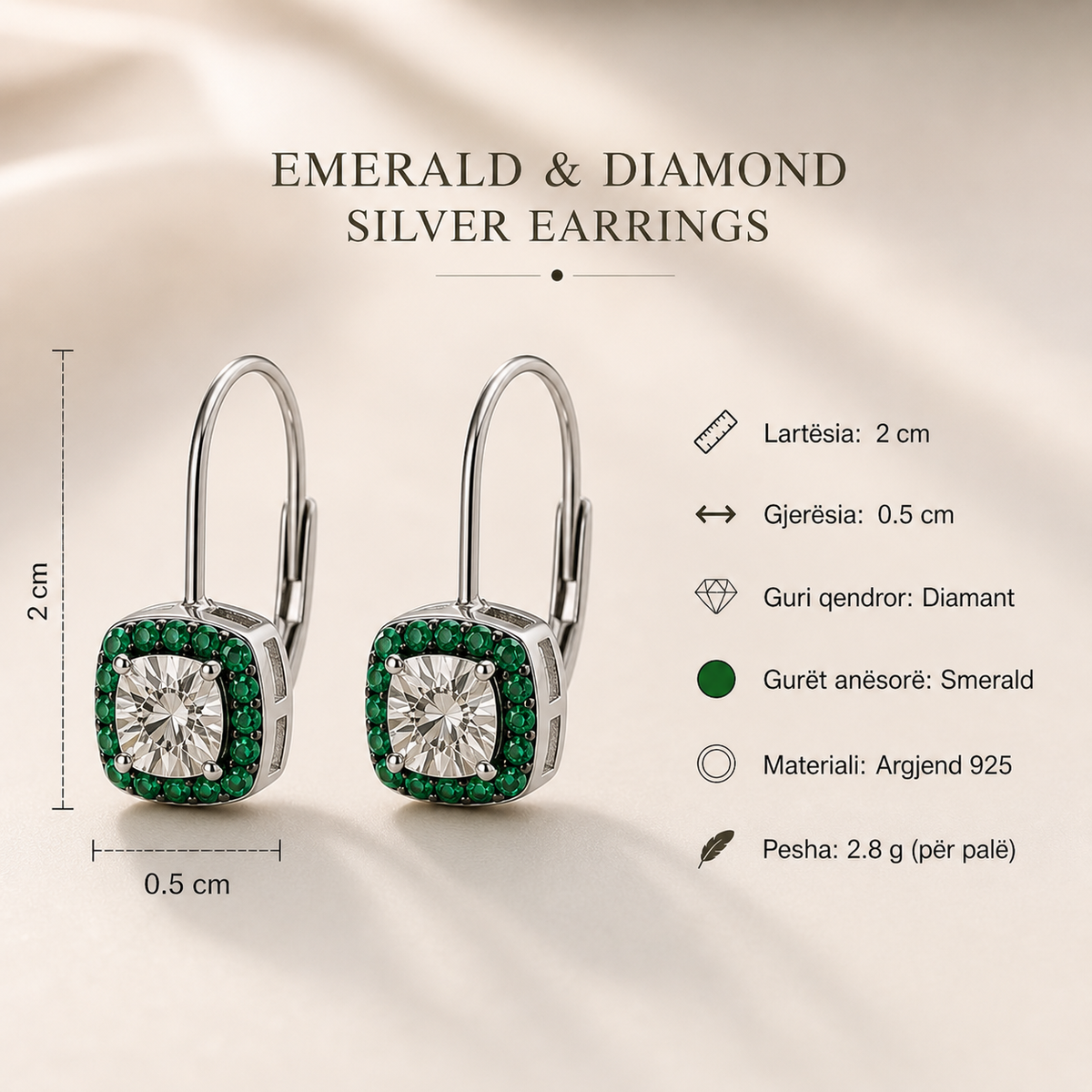 Vathë luksoz argjendi me gur smerald jeshil dhe diamant në qendër, gjatësi 2 cm, stil elegant me dizajn modern