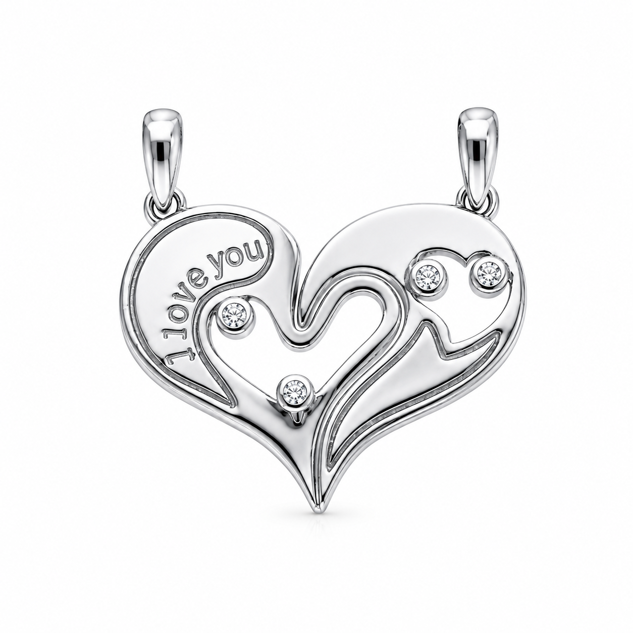 Medalion zemer M3812 ne dy pjese per cifte, me zirkone te bardha dhe mbishkrimin I love you, pamje ballore | Argjend 925 | Penelope Jewellery