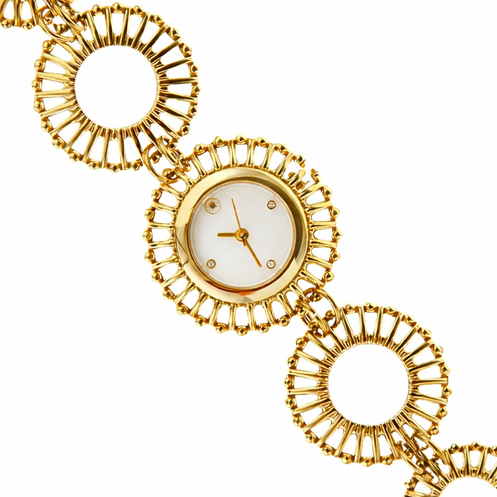 Ore dore per femra Jeweltime PE276G prej celiku me larje ari, fushe te bardhe, kornize me rreze dhe rrip me hallka rrethore, pamje nga afer | Penelope Jewellery