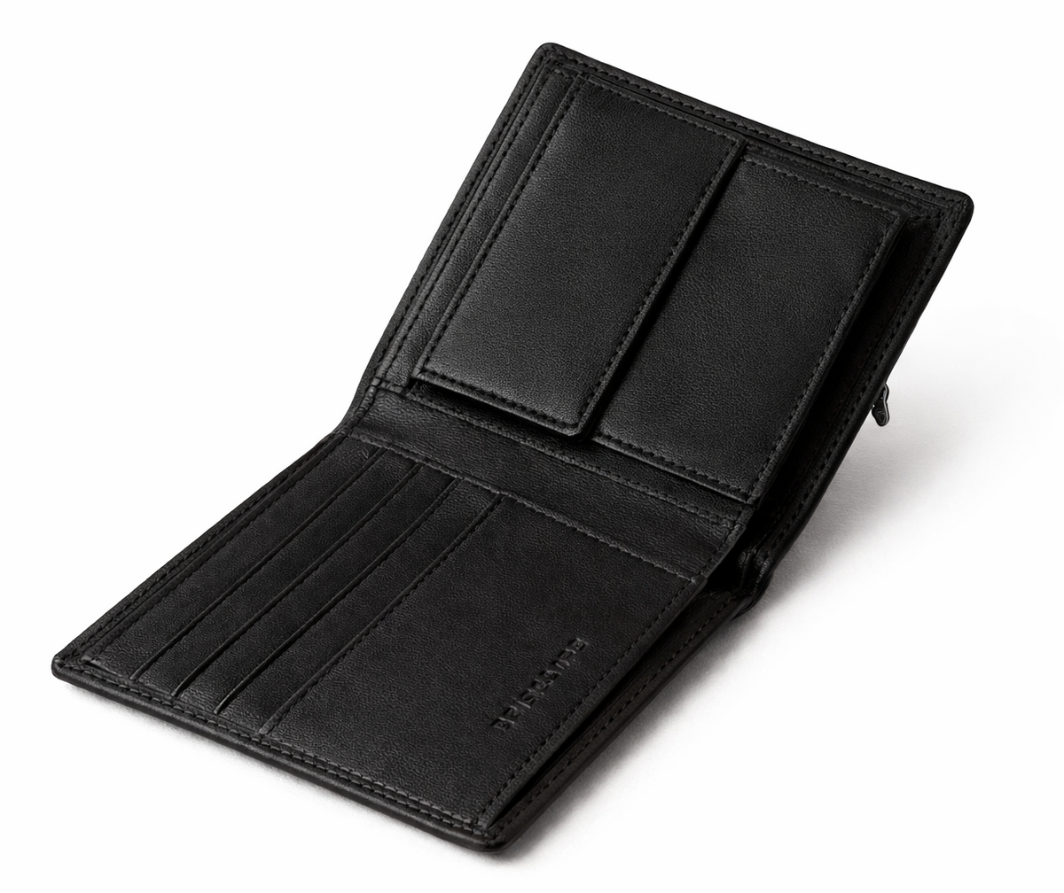 Textured black leather wallet open, showing card slots and coin pockets on white background