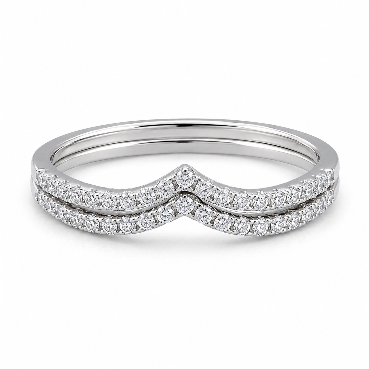 Set me dy unaza U4092 ne forme V, me zirkone te bardha, te vendosura njera brenda tjetres | Argjend 925 | Penelope Jewellery