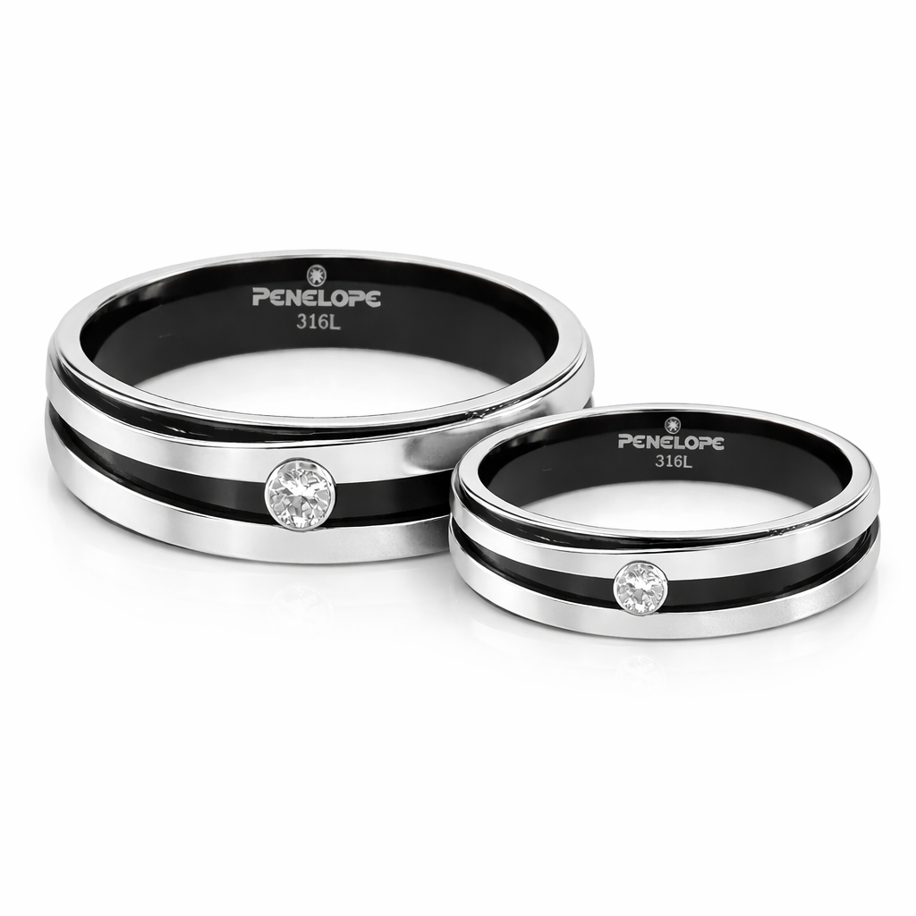Unaze per meshkuj Duo Elegance U3221, ne ngjyre argjendi me brez te zi dhe zirkon te bardhe rrethor, mbi sfond te bardhe | Celik | Penelope Jewellery