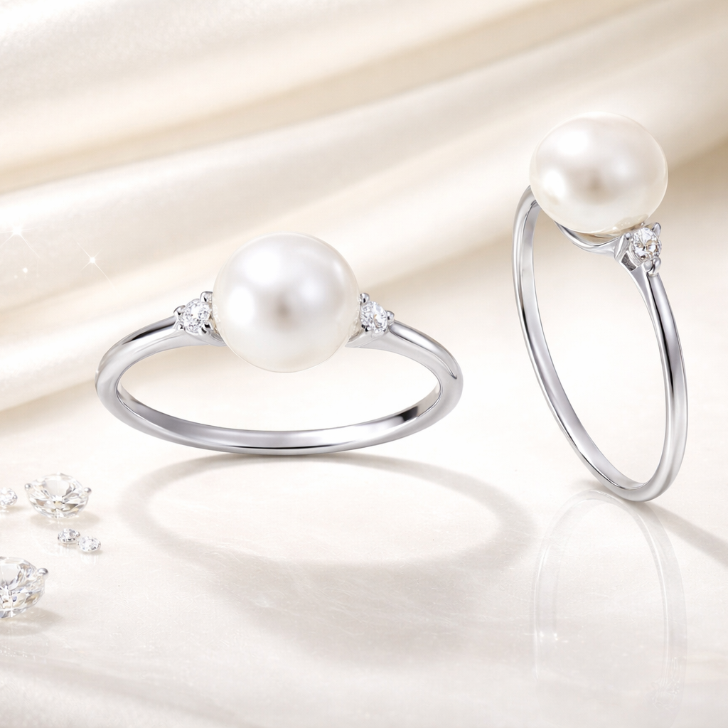 Dy pamje te unazes Blanca Pearl prej argjendi 925, me perle te bardhe dhe zirkone anesore, mbi sfond te celur | Penelope Jewellery