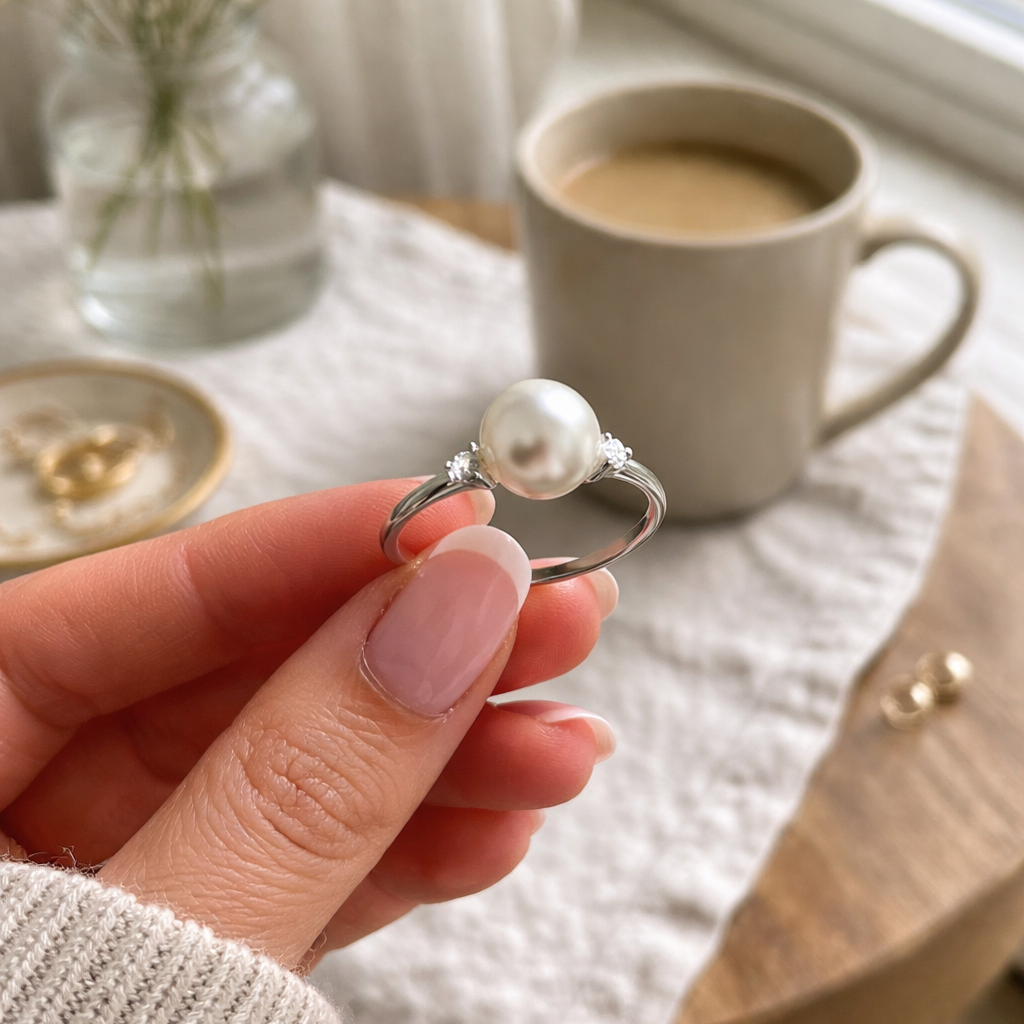 Unaze Blanca Pearl prej argjendi 925, me perle te bardhe dhe zirkone anesore, e mbajtur mes gishtave prane nje filxhani kafeje | Penelope Jewellery
