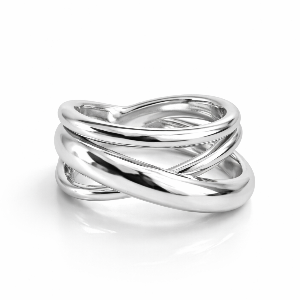 Unaze Harmony Twist U4059 prej argjendi 925, me disa shirita te lemuar qe kryqezohen, pamje e afert kendore | Penelope Jewellery