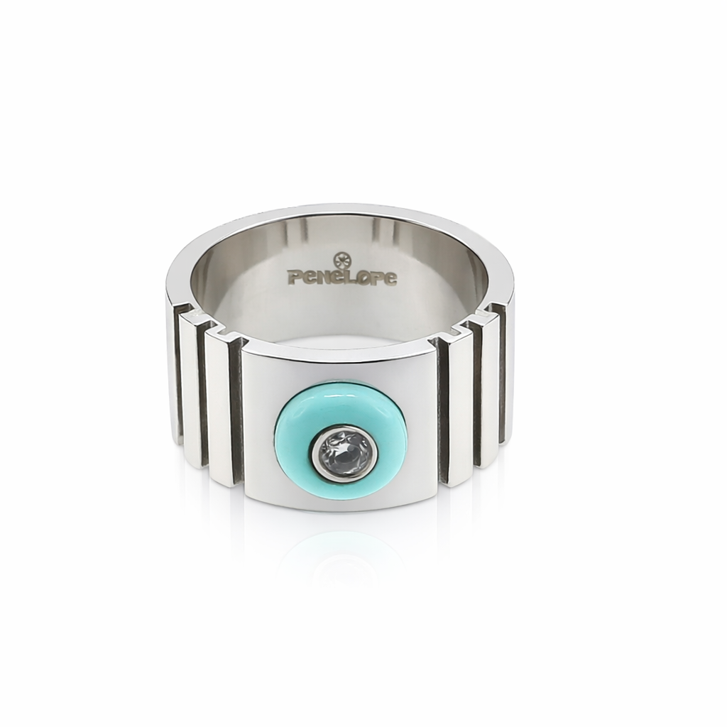Unaze Blue Eye U3182 e gjere prej celiku, me motiv syri turkuaz, zirkon qendror dhe vija vertikale, pamje ballore | Penelope Jewellery