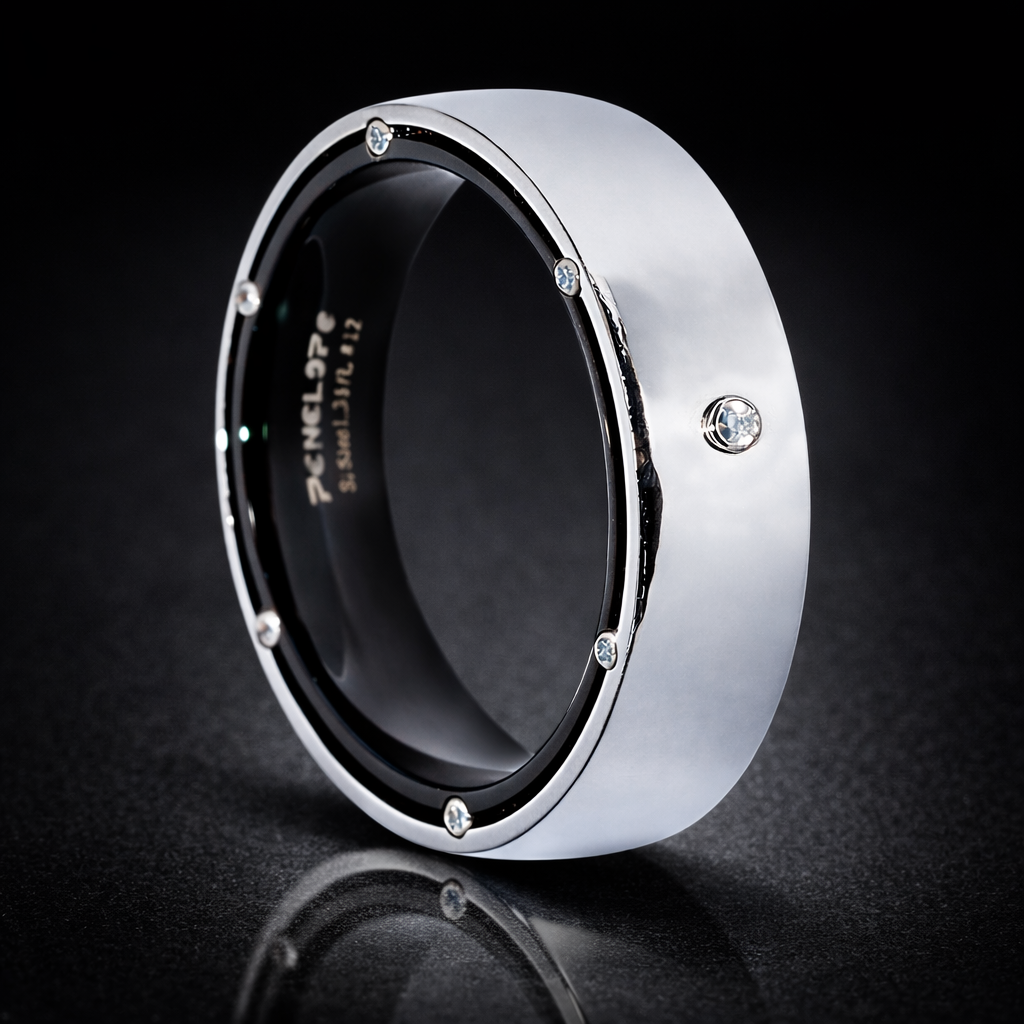 Unaze Dual Circle Elegance U2916 me siperfaqe ngjyre argjendi, brendesi te zeze dhe detaje te bardha rrethore, ne kembe mbi sfond te zi | Celik | Penelope Jewellery
