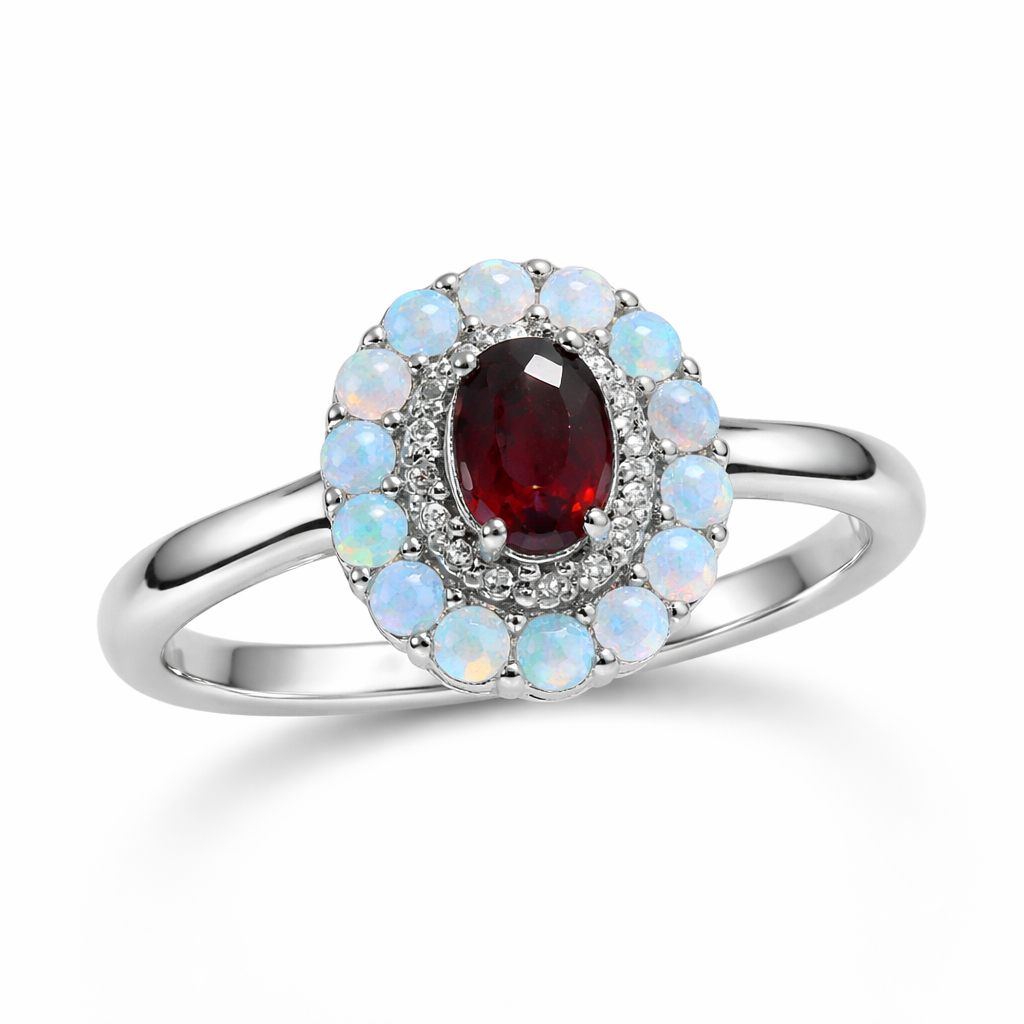 Unaze me gur oval te kuq te erret, detaje te vogla te bardha dhe kornize te jashtme me gure rrethore blu te hapur vezullues, pamje e plote | Penelope Jewellery
