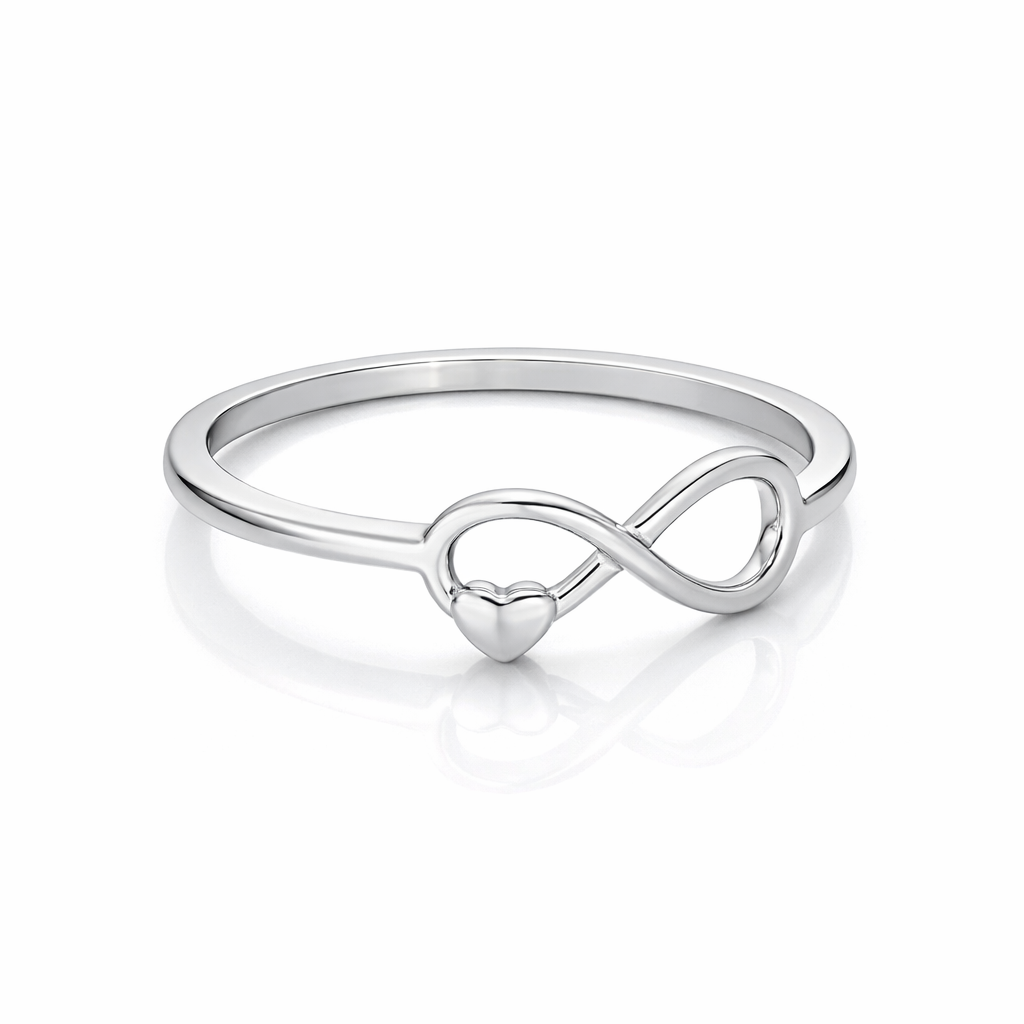Unaze Infinity U4020 me simbol infiniti, zemer te vogel dhe rreth te holle te lemuar, ne sfond te bardhe | Argjend 925 | Penelope Jewellery