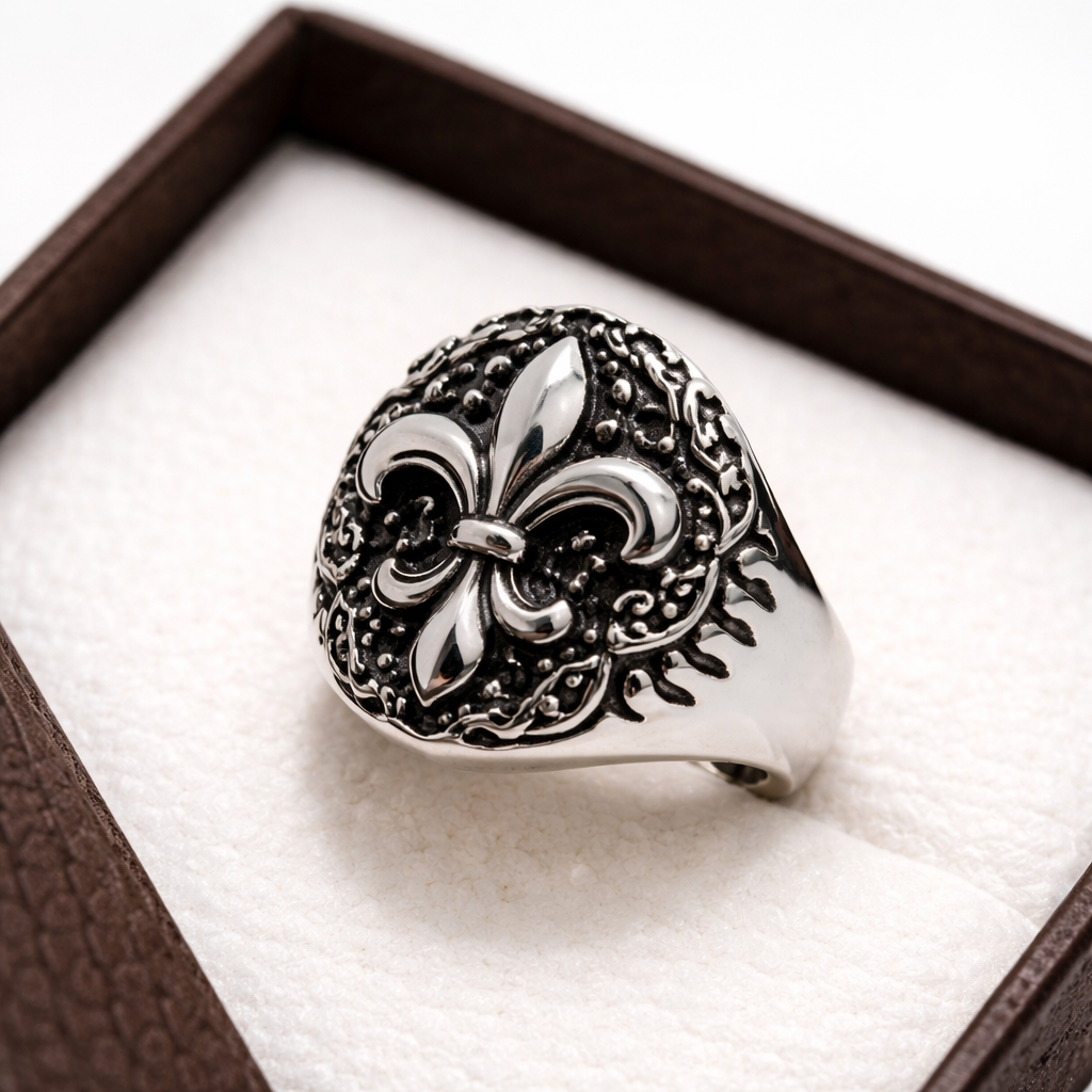 Unaze per meshkuj Fleur-De-Lis U3218 prej celiku, me simbol zambaku dhe ornamente te erreta, e vendosur ne kuti | Penelope Jewellery