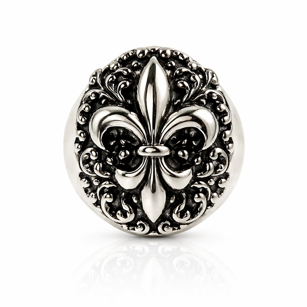 Unaze per meshkuj Fleur-De-Lis U3218 prej celiku, me simbol zambaku ne qender dhe ornamente te erreta, pamje perballe | Penelope Jewellery