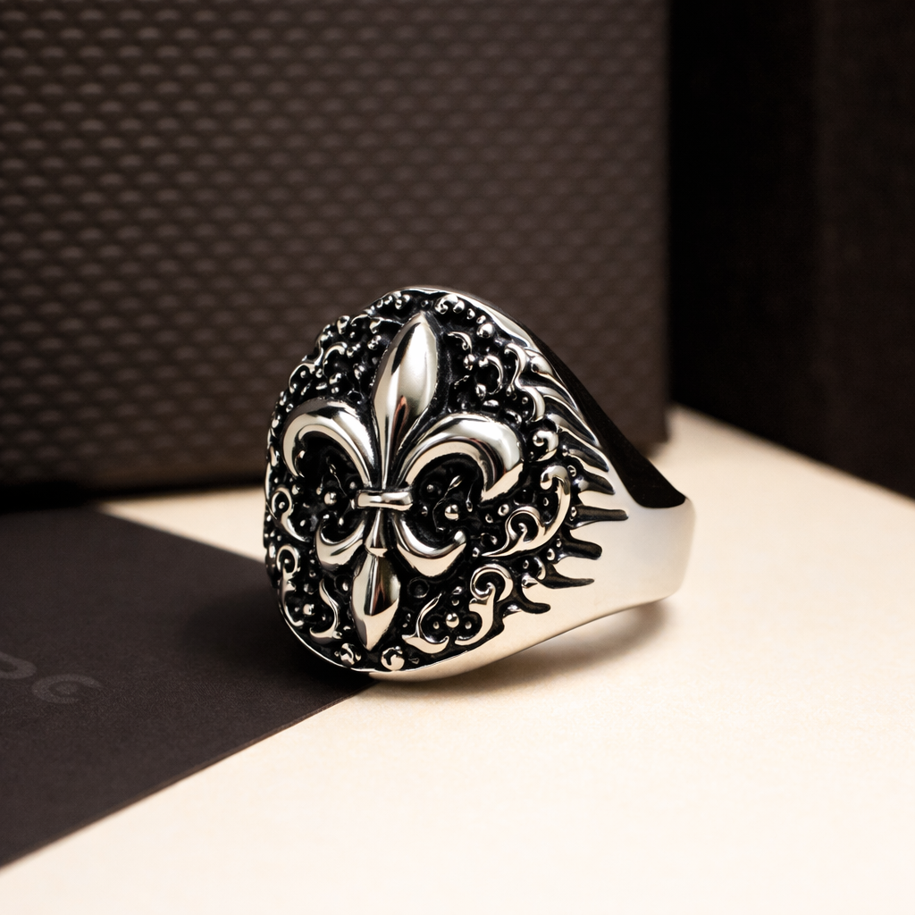 Unaze per meshkuj Fleur-De-Lis U3218 prej celiku, me simbol zambaku ne qender dhe ornamente te erreta, pamje perballe | Penelope Jewellery
