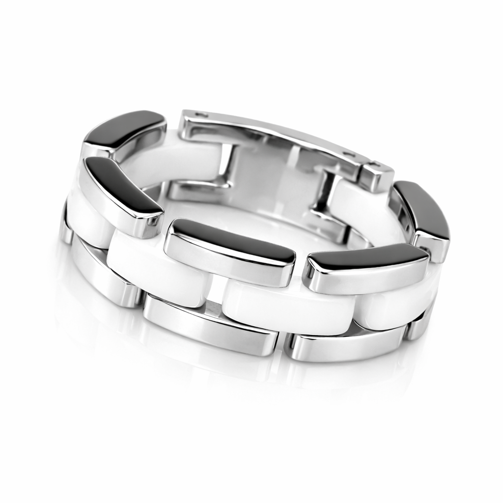 Unaze per meshkuj White Ceramic U3380 me hallka ngjyre argjendi dhe pllaka te bardha qeramike, pamje e pjerret mbi sfond te bardhe | Celik | Penelope Jewellery