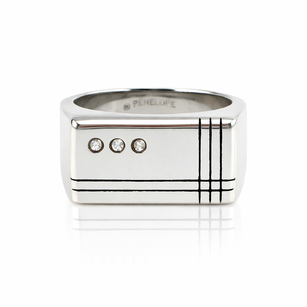 Unaze per meshkuj Deco Signet U1143 me faqe drejtkendore, tre zirkone te bardha dhe vija te zeza gjeometrike, pamje ballore | Celik | Penelope Jewellery