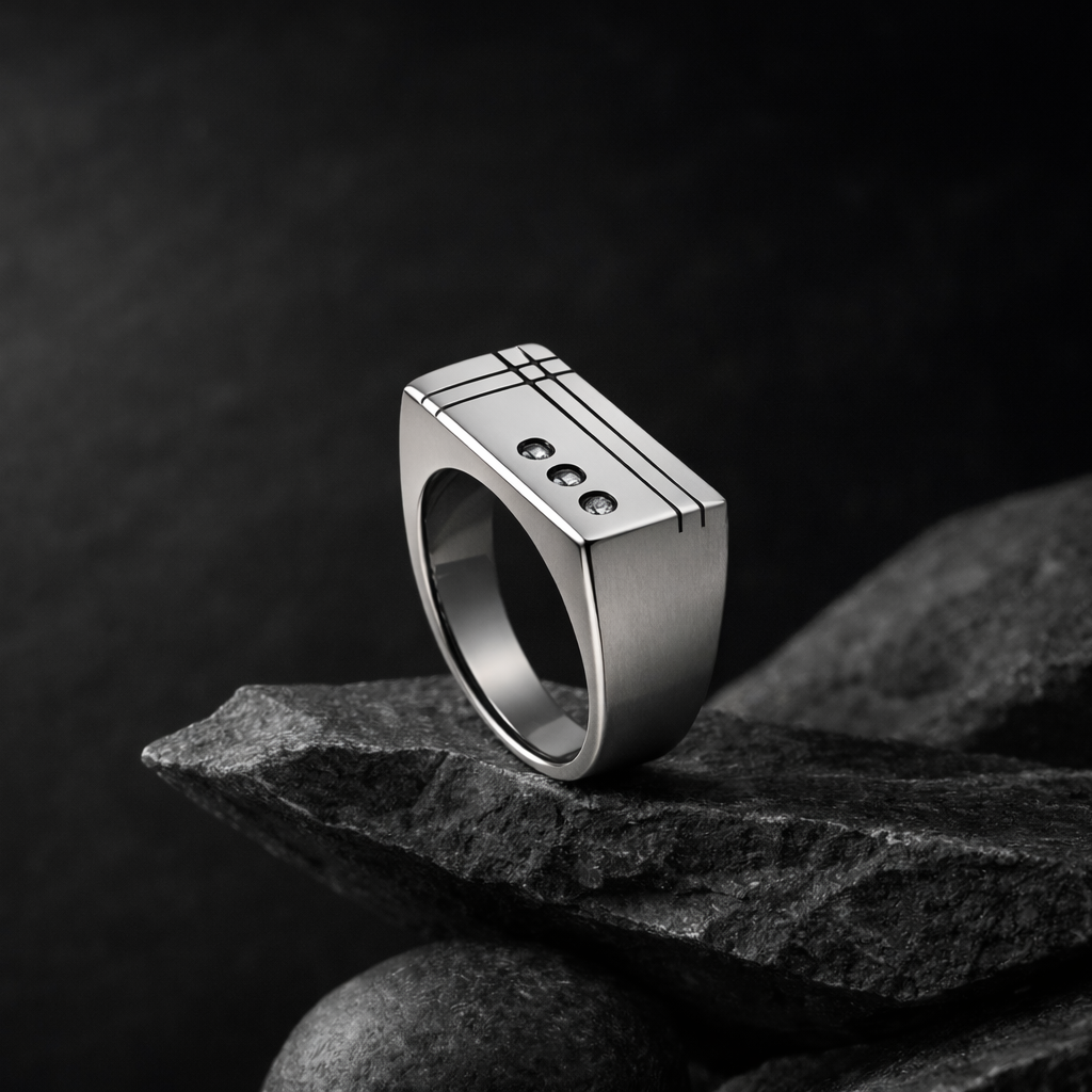 Unaze per meshkuj Deco Signet U1143 me tre zirkone te bardha dhe vija te zeza ne faqen drejtkendore, pamje e pjerret | Celik | Penelope Jewellery