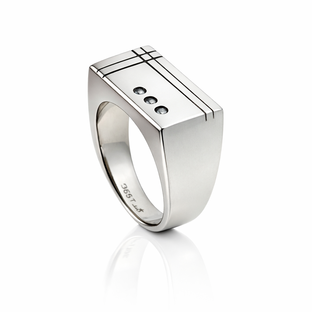 Unaze per meshkuj Deco Signet U1143 me tre zirkone te bardha dhe vija te zeza ne faqen drejtkendore, pamje e pjerret | Celik | Penelope Jewellery