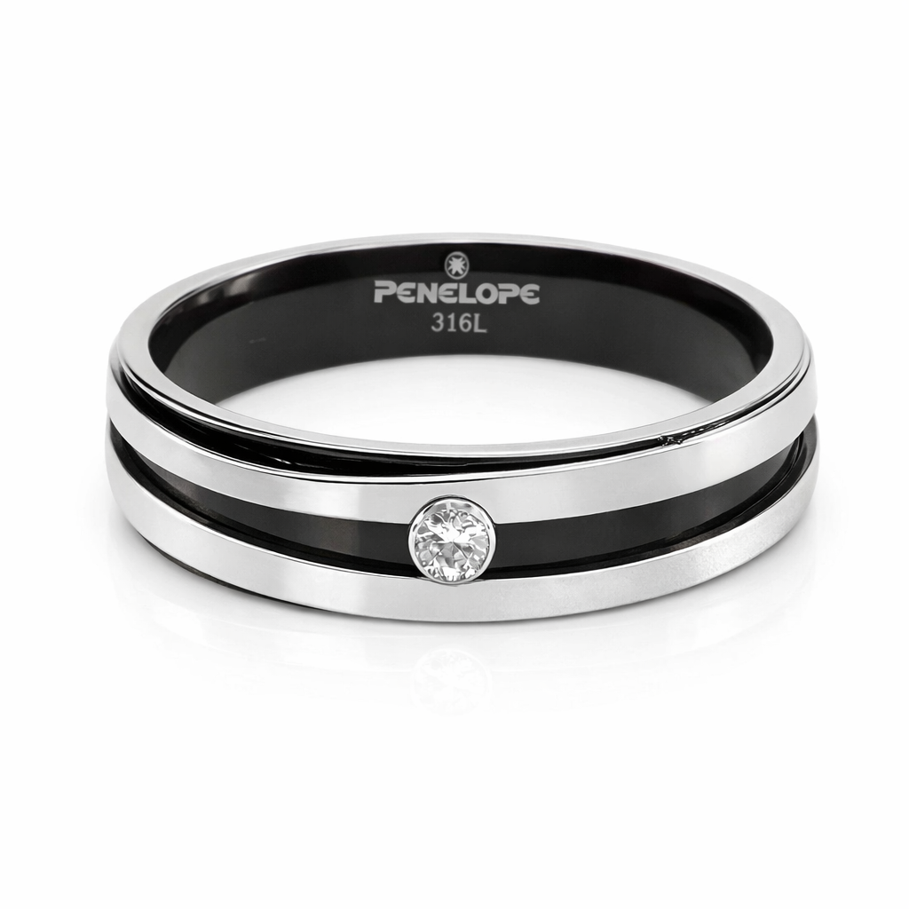 Unaze per meshkuj Duo Elegance U3221, ne ngjyre argjendi me brez te zi dhe zirkon te bardhe rrethor, mbi sfond te bardhe | Celik | Penelope Jewellery