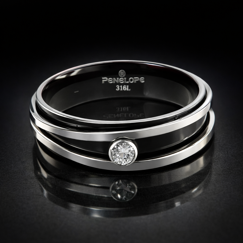 Unaze per meshkuj Duo Elegance U3221 me brez te zi dhe zirkon te bardhe rrethor, mbi siperfaqe te zeze me reflektim | Celik | Penelope Jewellery