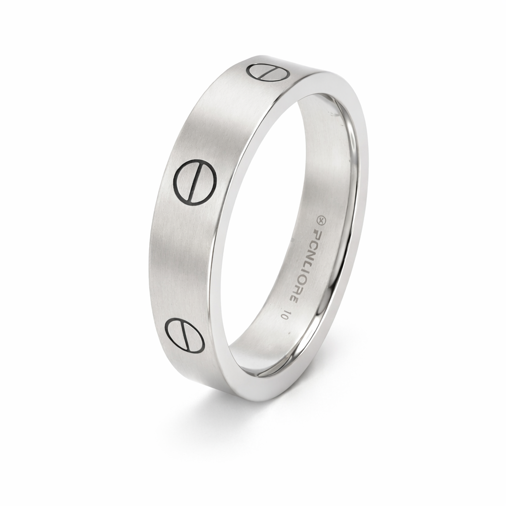 Unaze per meshkuj Geometric Circle U0909 me siperfaqe ngjyre argjendi dhe motive rrethore te ndara nga nje vije, ne kembe | Celik | Penelope Jewellery
