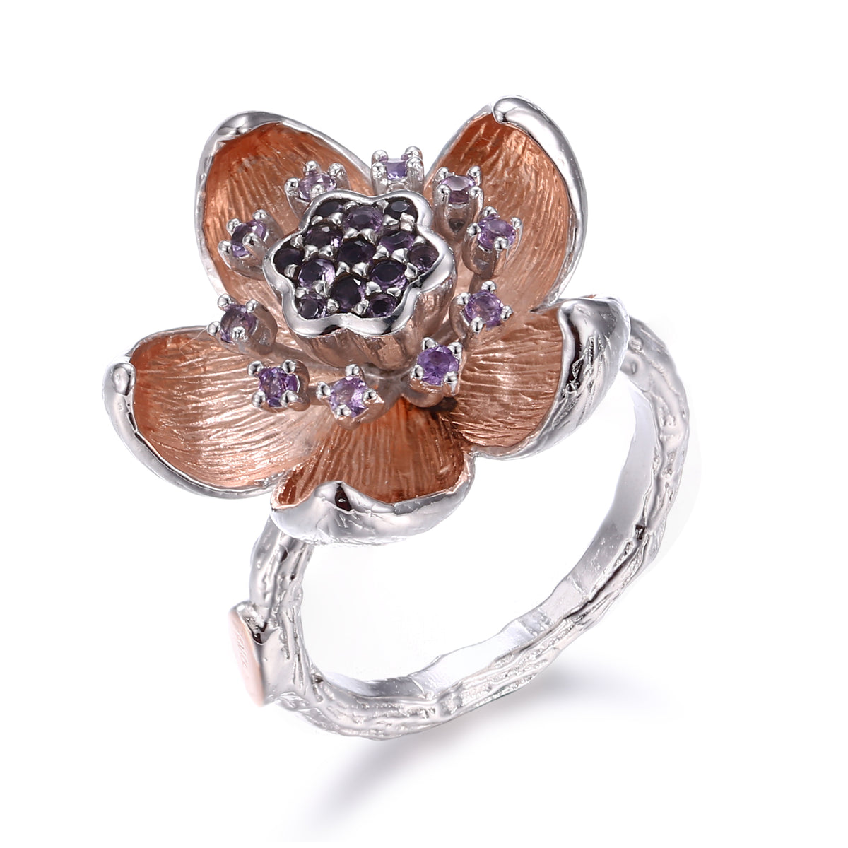 Unaze Pluhuri i Zanave ne Argjend 925 me ametist, lule me petale ne tonalitet roze, gurreze vjollce dhe brez ne forme dege, pamje kendore | Penelope Jewellery