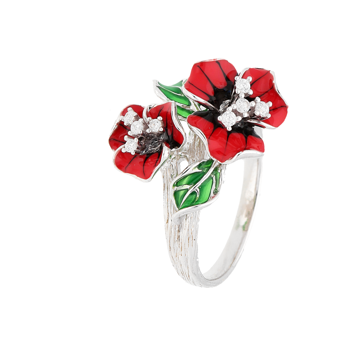Unaze Poinsettian U3945 ne Argjend 925 me smalt, dy lule te kuqe, gjethe jeshile dhe detaje te bardha te ndritshme, pamje kendore | Penelope Jewellery