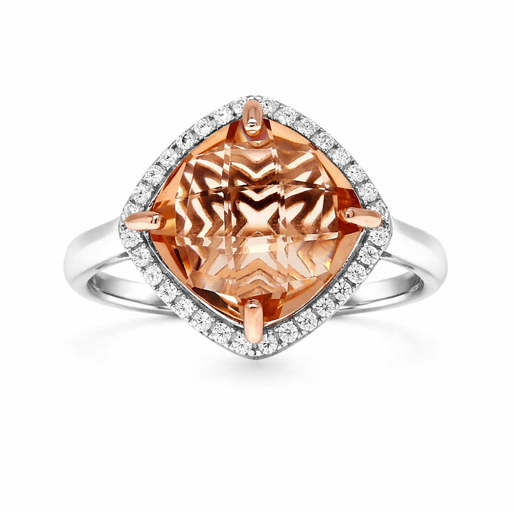 Unaze U3886 me morganit katror ne nuance pjeshke, kater kthetra roze dhe kornize me zirkone te bardha, pamje ballore | Argjend 925 | Penelope Jewellery
