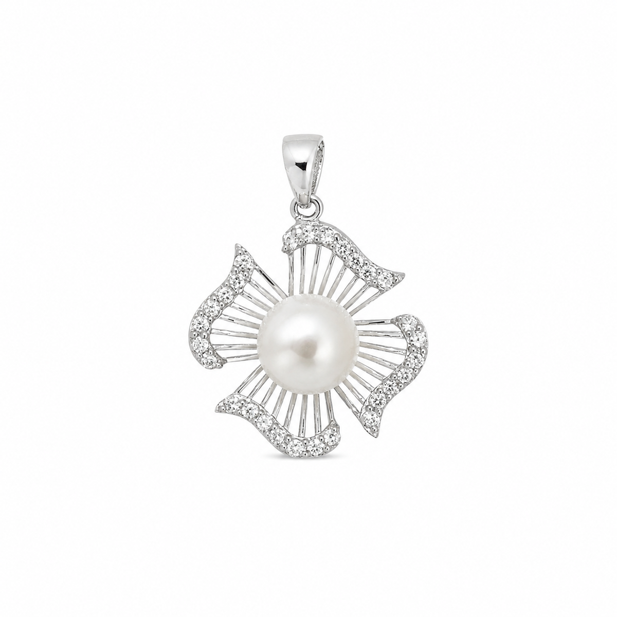 Varëse lule në argjend 925 me perlë të bardhë dhe gurë shkëlqyes, pamje ballore
