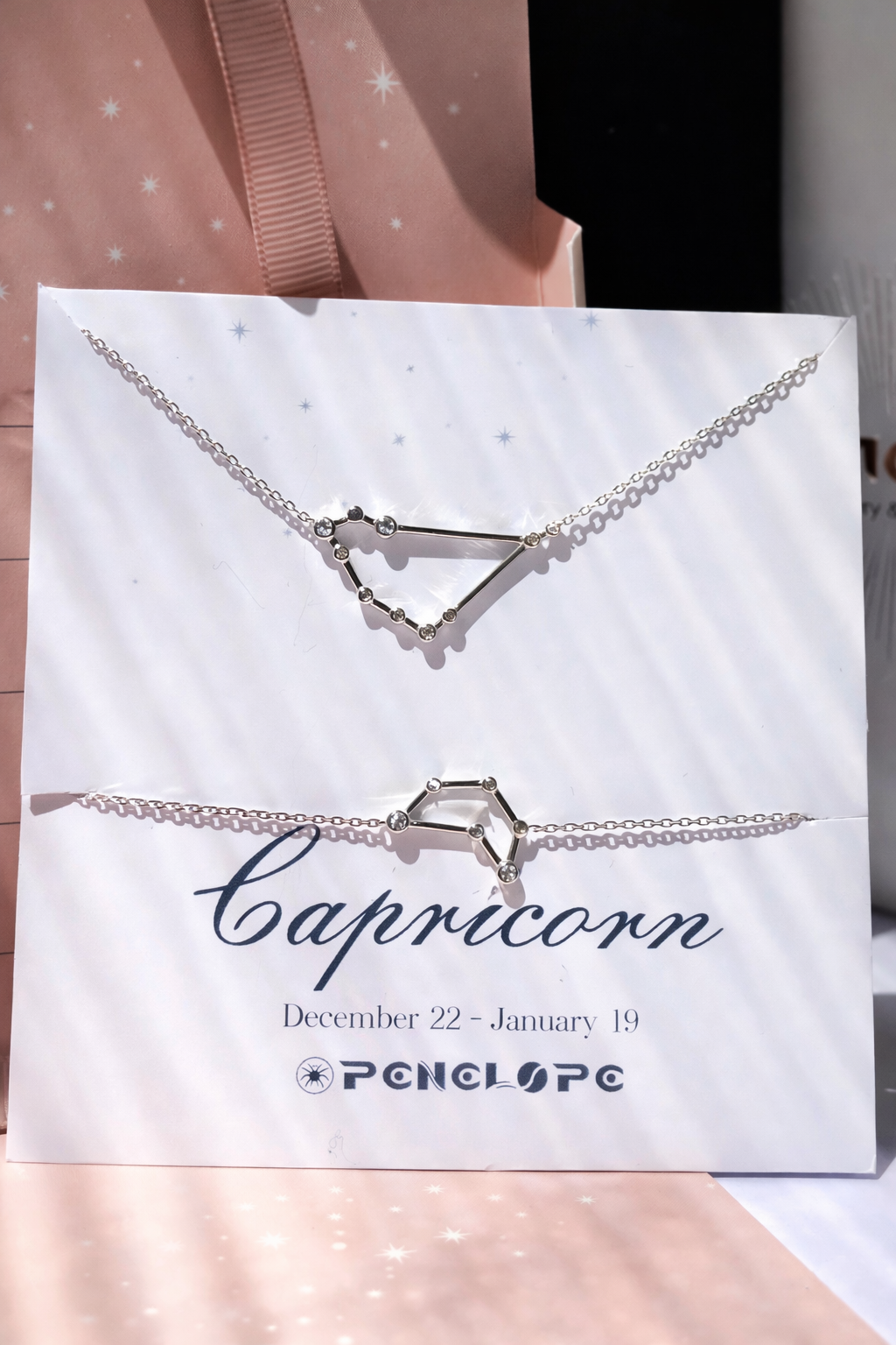 Varse Bricjapi N5570CAPRICORN prej argjendi 925 me motiv yjesie, mbi nje byzylyk me simbolin e Bricjapit, ne kartoline me paketim roze | Penelope Jewellery