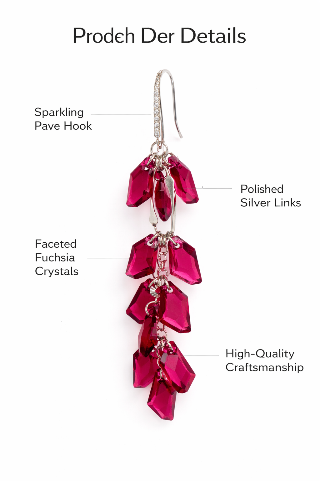 Infografike e nje vathi te gjate prej argjendi 925 me kristale te kuqe ne nuance fuksia, kapese grep dhe shenime ne anglisht per detajet | Penelope Jewellery