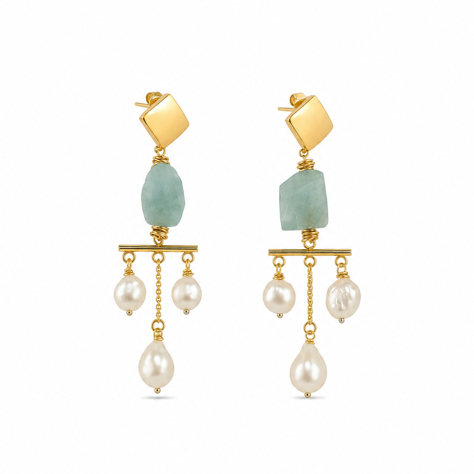 Vathë Aqua Elegance me akuamarin natyral, perla dhe larje ari 14K