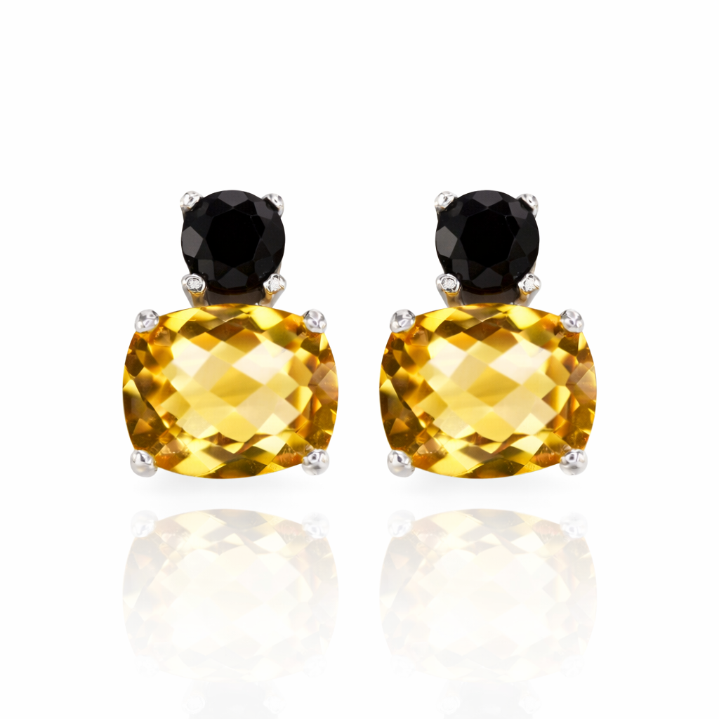 Vathe V5268 prej argjendi 925, me citrine te verdhe ne forme katrore me cepa te rrumbullaket dhe detaj te zi siper, pamje ballore | Penelope Jewellery