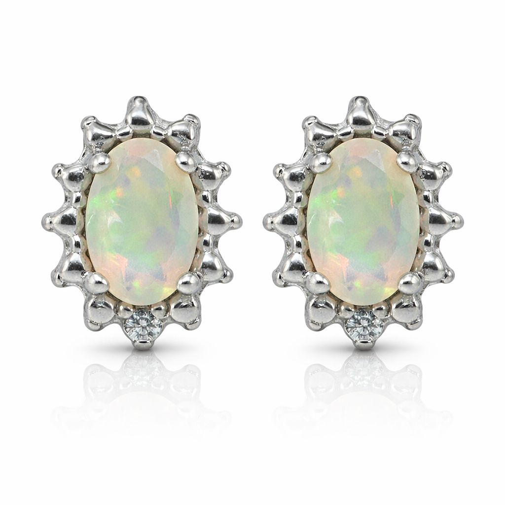 Vathe V4849 prej argjendi 925 me opal etiopian oval, kornize me cepa dekorative dhe detaj te bardhe poshte, pamje ballore | Penelope Jewellery
