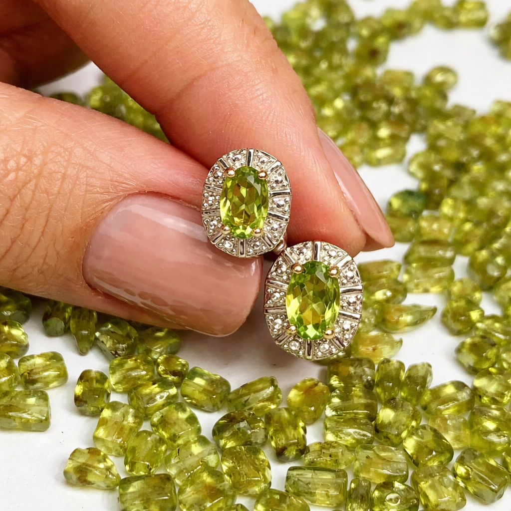 Vathe Peridot V4840 prej argjendi 925, me gure ovale jeshile dhe kornize me detaje te bardha, te mbajtur mes gishtave | Penelope Jewellery
