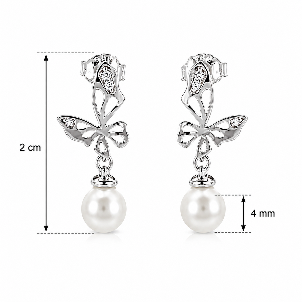 Vathe Gitta me flutura, zirkone te bardha dhe perla; ne foto shenohen 2 cm dhe perla 4 mm | Argjend 925 | Penelope Jewellery
