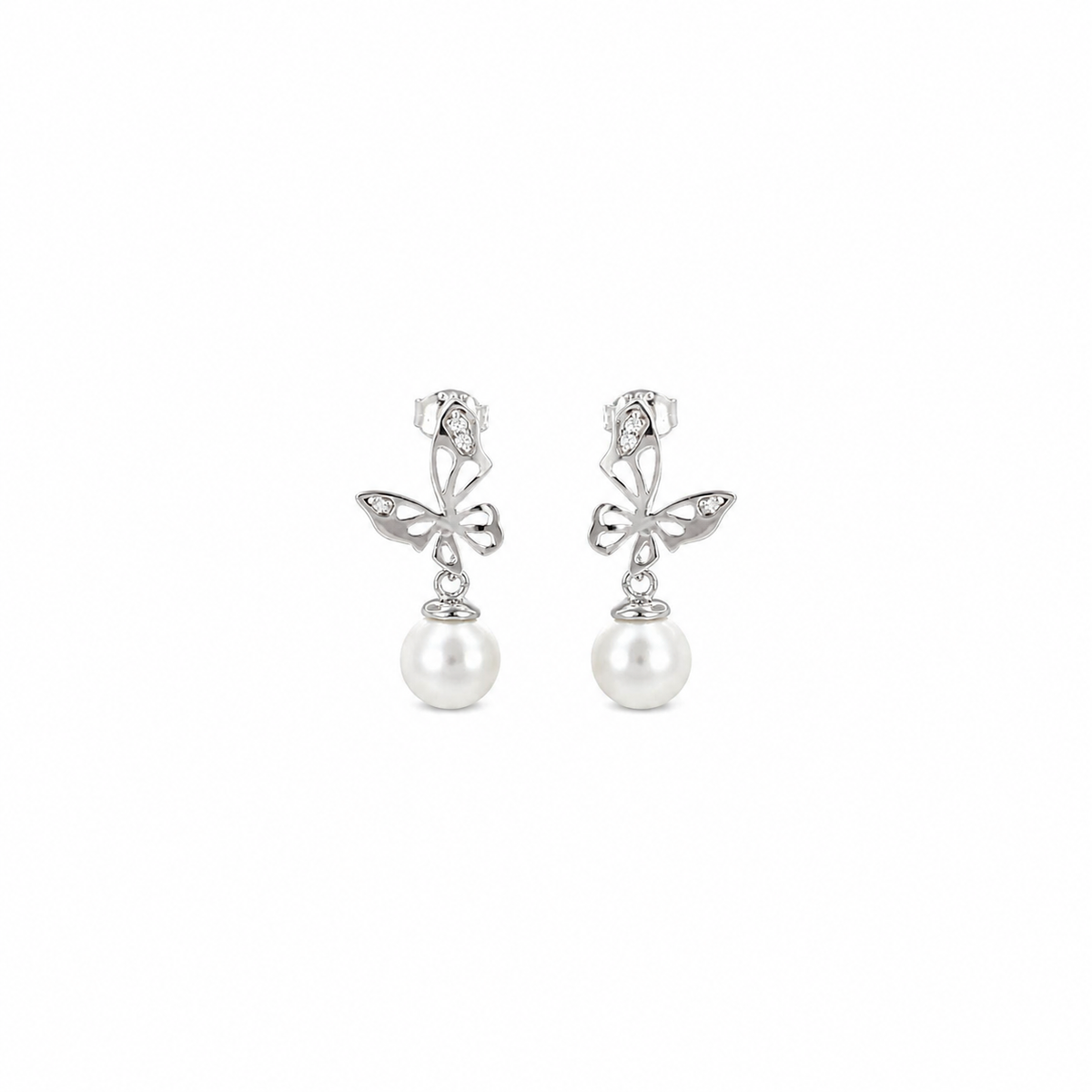 Vathe Gitta me flutura te zbukuruara me zirkone te bardha dhe perla te varura, pamje e ciftit | Argjend 925 | Penelope Jewellery