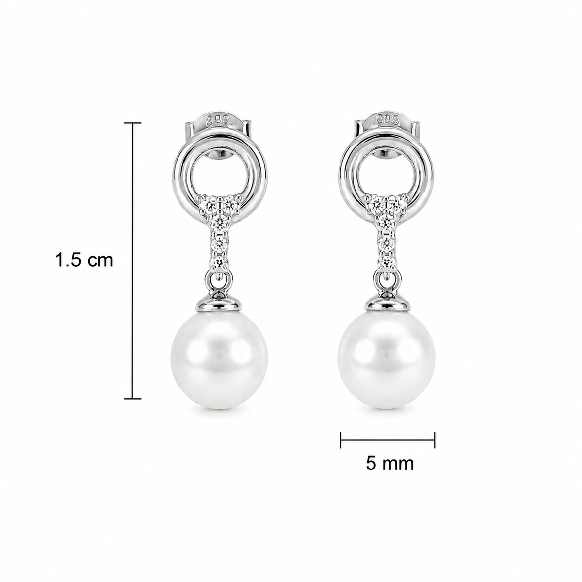 Vathe V3341 me perla te bardha dhe zirkone; ne foto shenohen gjatesia 1.5 cm dhe perla 5 mm | Argjend 925 | Penelope Jewellery