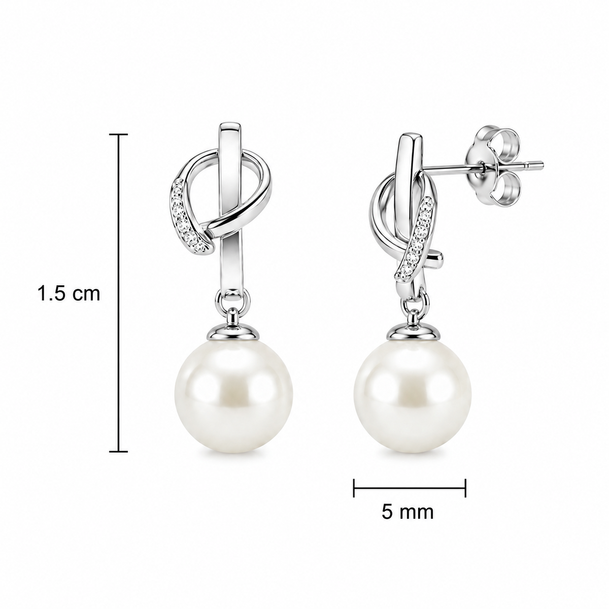 Vathe V3354 me perla te bardha dhe zirkone; ne foto shenohen gjatesia 1.5 cm dhe perla 5 mm | Argjend 925 | Penelope Jewellery