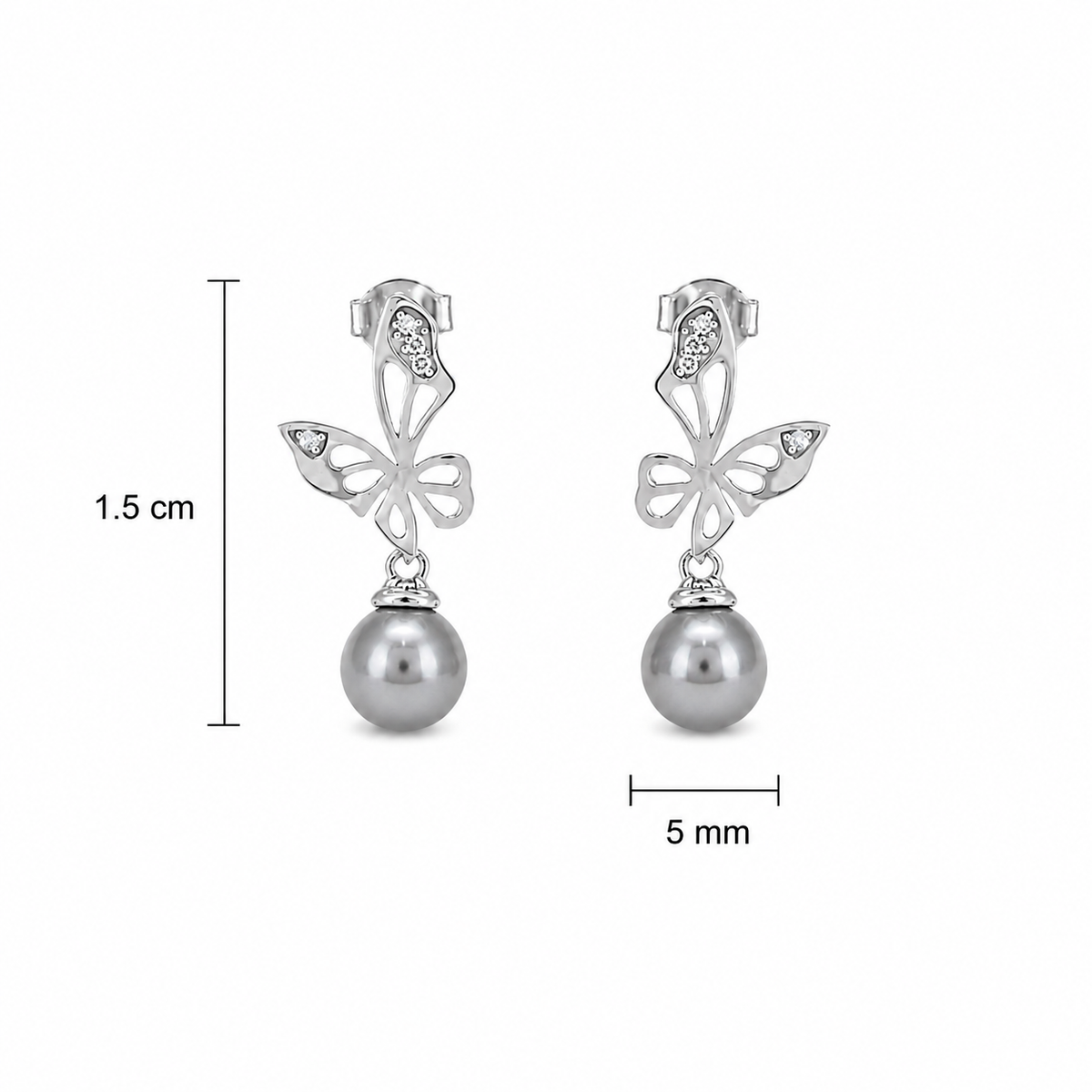 Vathe V3327 me flutura, perla gri dhe zirkone; ne foto shenohen gjatesia 1.5 cm dhe perla 5 mm | Argjend 925 | Penelope Jewellery