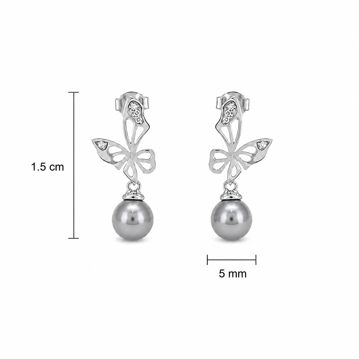 Vathe V3327 me motive fluturash, perla gri dhe zirkone te bardha, pamje e produktit | Argjend 925 | Penelope Jewellery