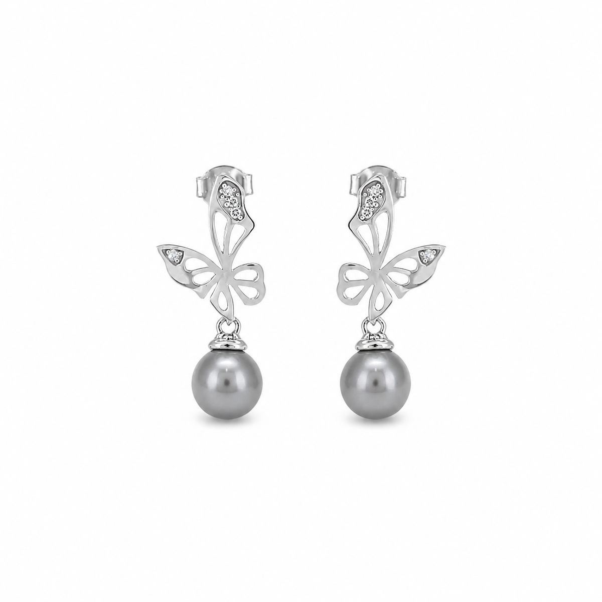 Vathe V3327 me motive fluturash, perla gri dhe zirkone te bardha, pamje e produktit | Argjend 925 | Penelope Jewellery