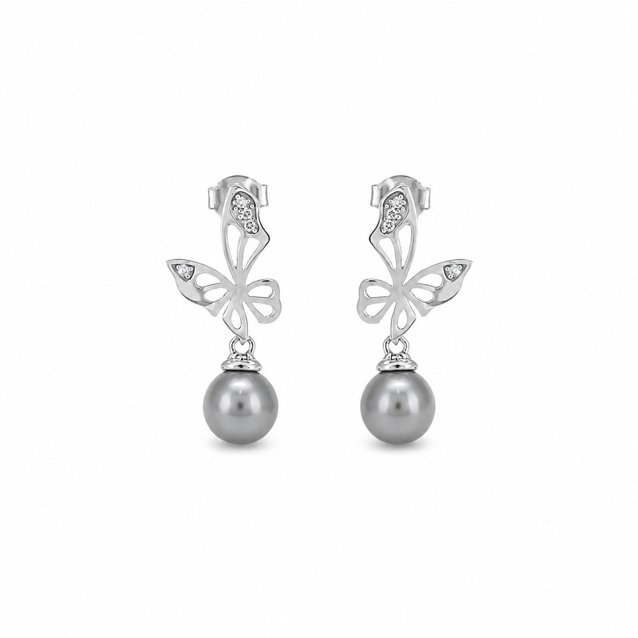 Vathe V3327 me motive fluturash, perla gri dhe zirkone te bardha, pamje e produktit | Argjend 925 | Penelope Jewellery