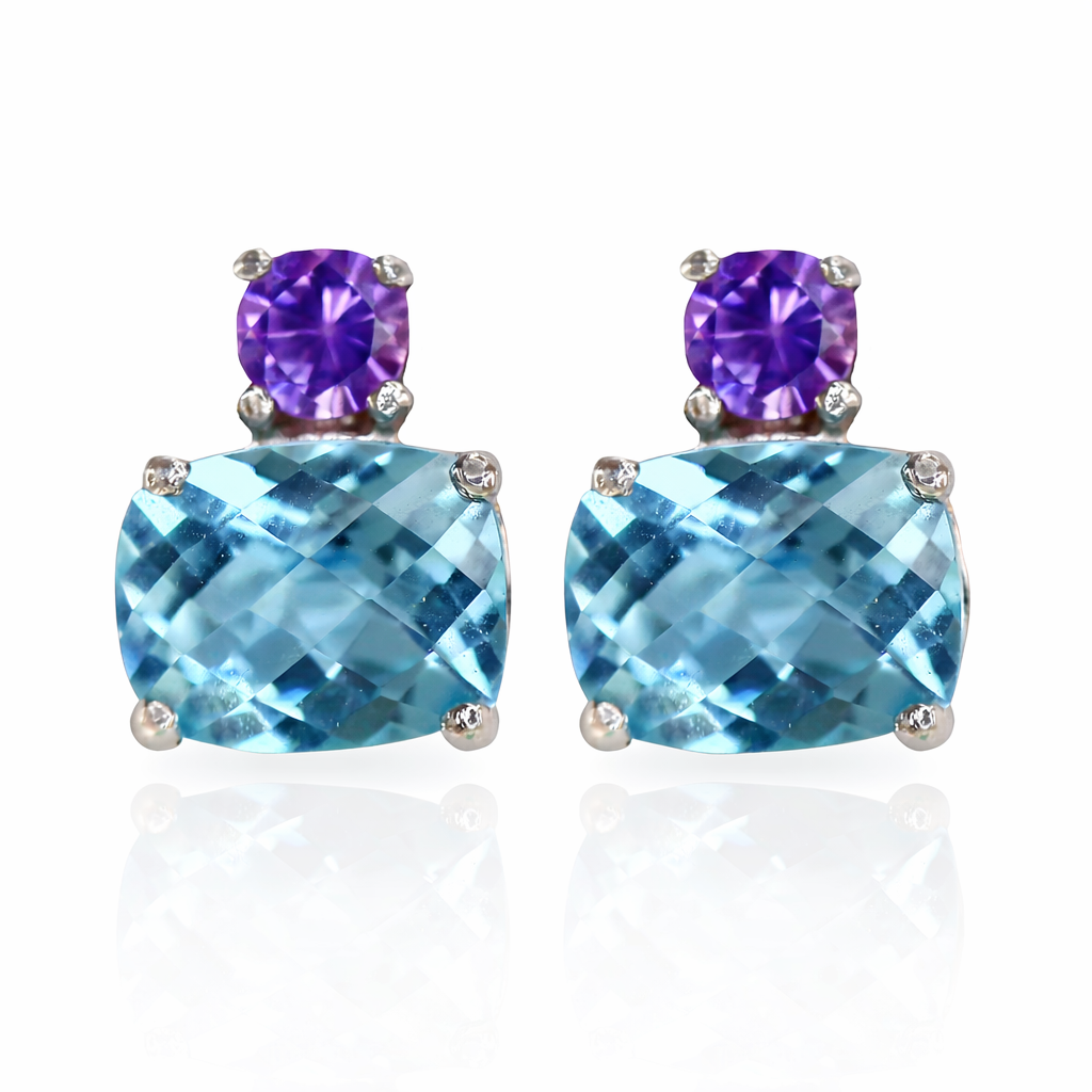 Vathe V5266 prej argjendi 925, me topaz blu katror me cepa te rrumbullaket dhe ametist vjollce te rrumbullaket siper, pamje ballore | Penelope Jewellery