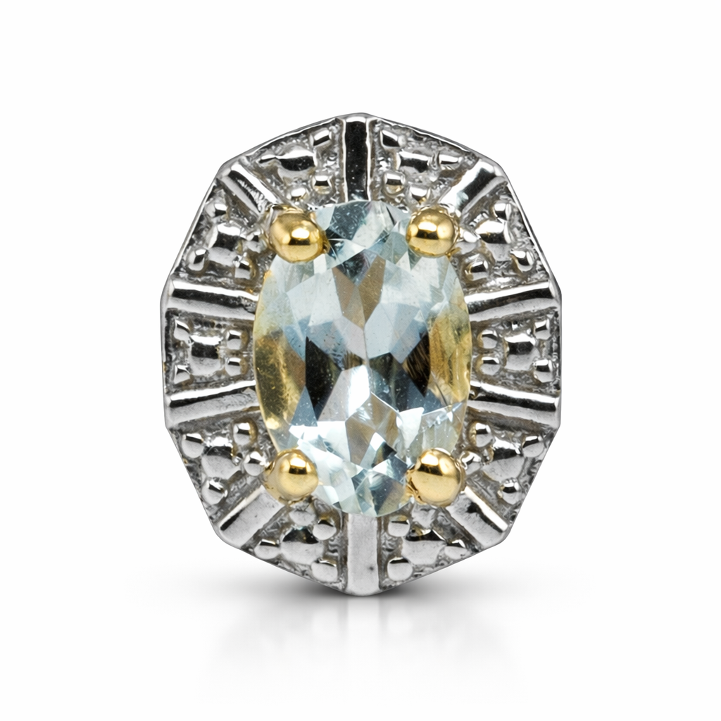 Detaj i nje vathi Aqua Elegance V4841 prej argjendi, me akuamarin oval blu te celur dhe kornize me detaje te bardha | Penelope Jewellery