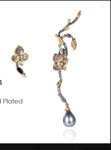 Foto promocionale e prere me vathe asimetrike: nje motiv luleje dhe nje dege e gjate me lule e varje gri ne forme pike. | Penelope Jewellery