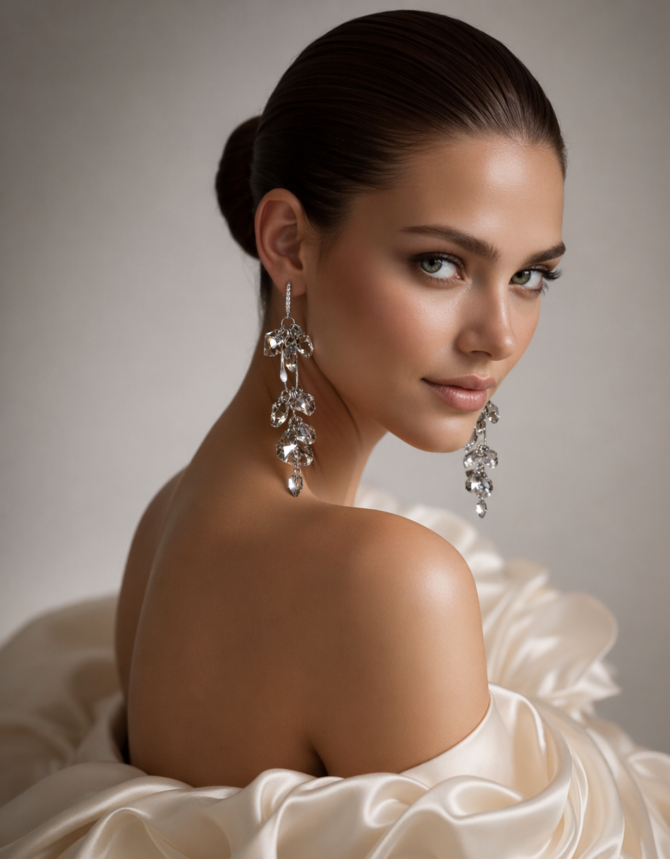 Vathe Aurora Crystal V2954 prej argjendi 925, te gjate me grupe kristalesh te tejdukshme ngjyre shampanje, te veshur me veshje sateni ngjyre krem | Penelope Jewellery