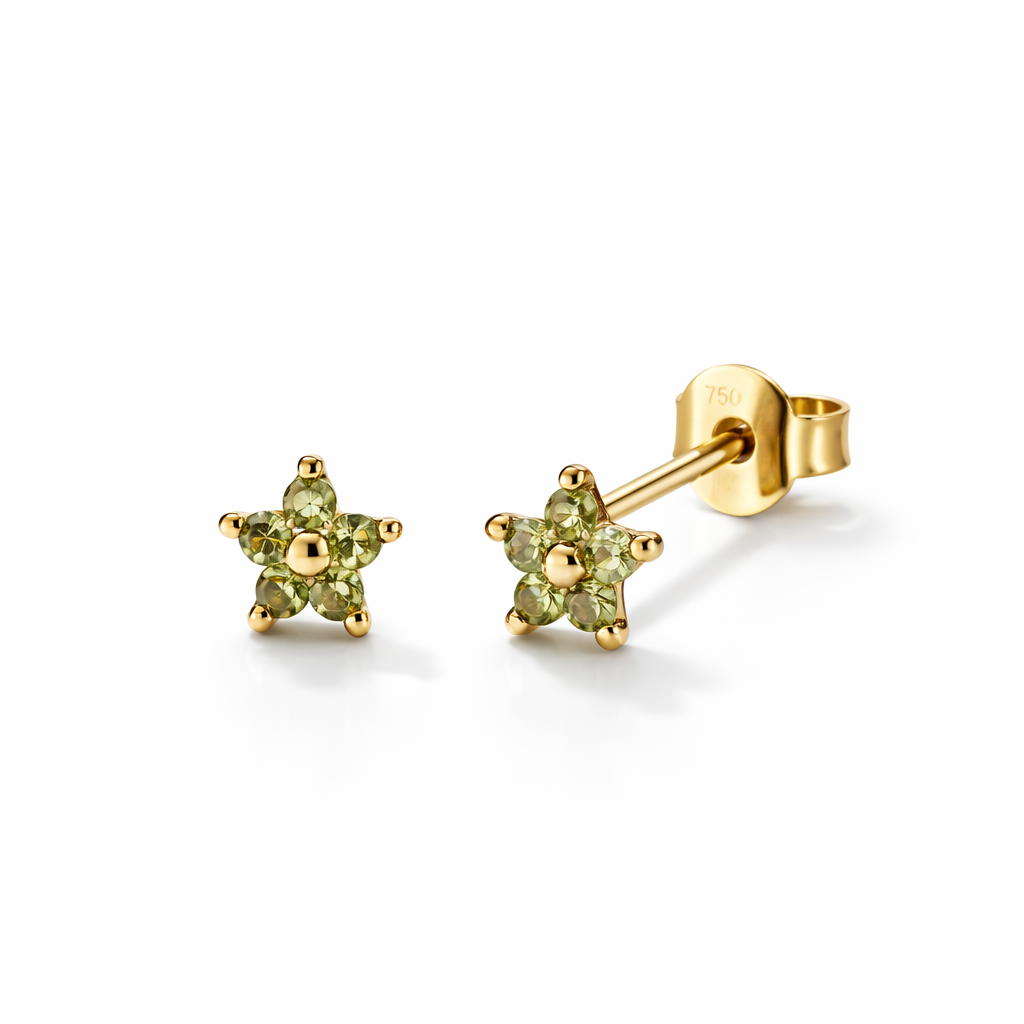 Vathe Daisy V5192 me peridot jeshil ne forme luleje me pese petale dhe kornize ne ngjyre ari, pamje e ciftit | Argjend 925 | Penelope Jewellery