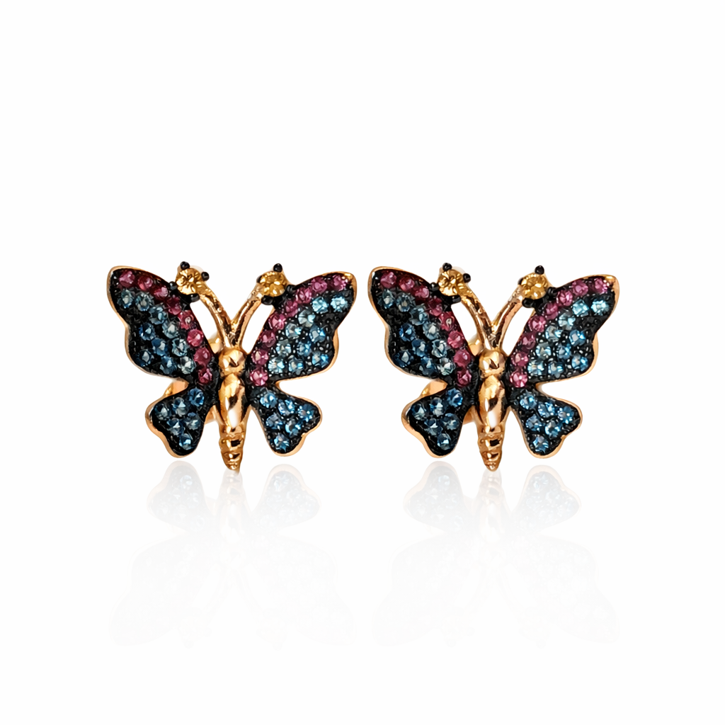 Vathe Multicolor Butterfly V5552 ne forme fluture, me zirkone blu e roze dhe konture ngjyre ari, pamje ballore e ciftit | Argjend 925 | Penelope Jewellery