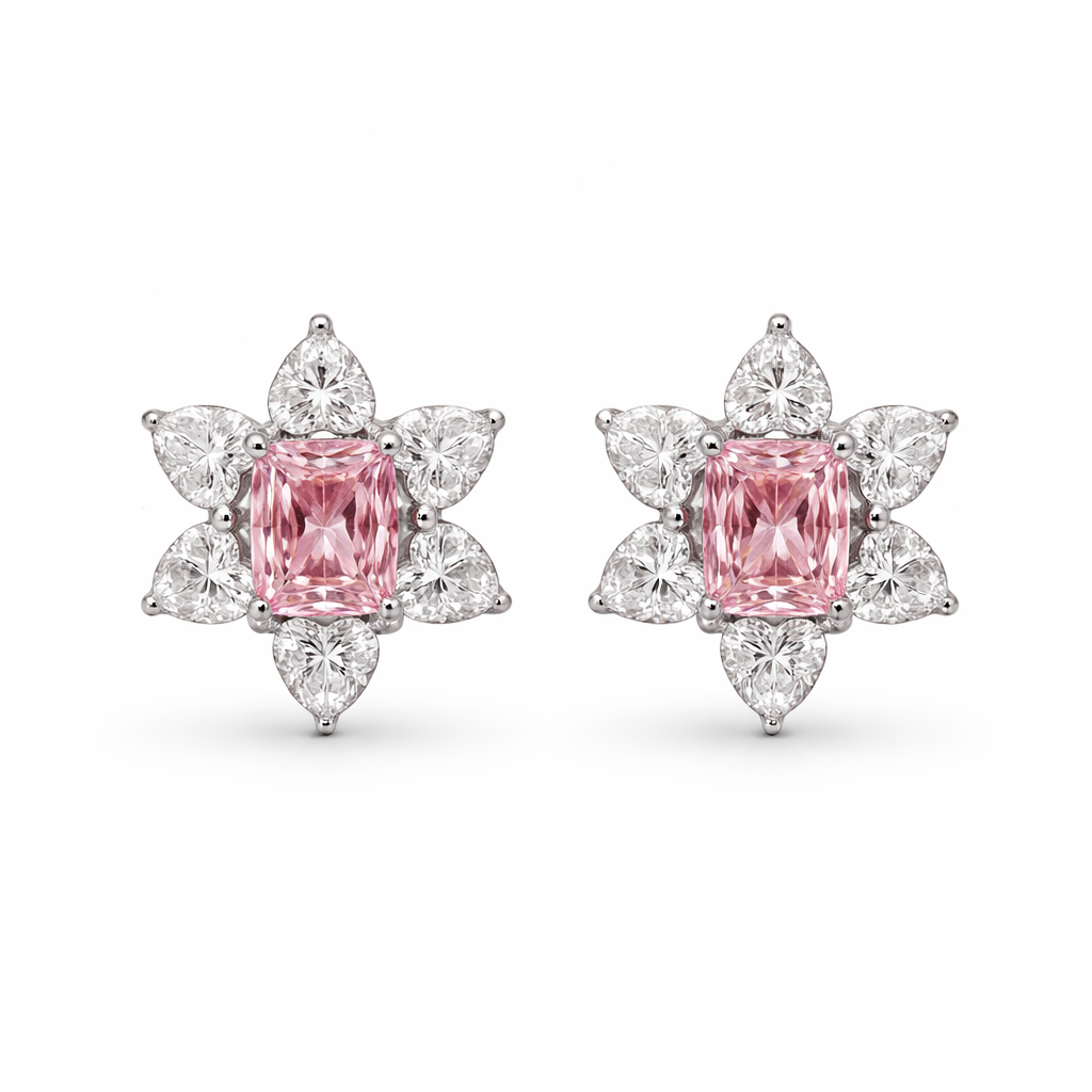 Vathe Frozen Pink V5562 me zirkon roze drejtkendor ne qender dhe gjashte gure te bardhe ne forme zemre perreth | Argjend 925 | Penelope Jewellery