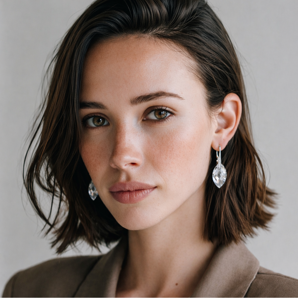 Cift vathesh ngjyre argjendi me gure te tejdukshem me faceta ne forme te zgjatur me dy maja dhe kapese grep me detaje te bardha, pamje ballore | Penelope Jewellery